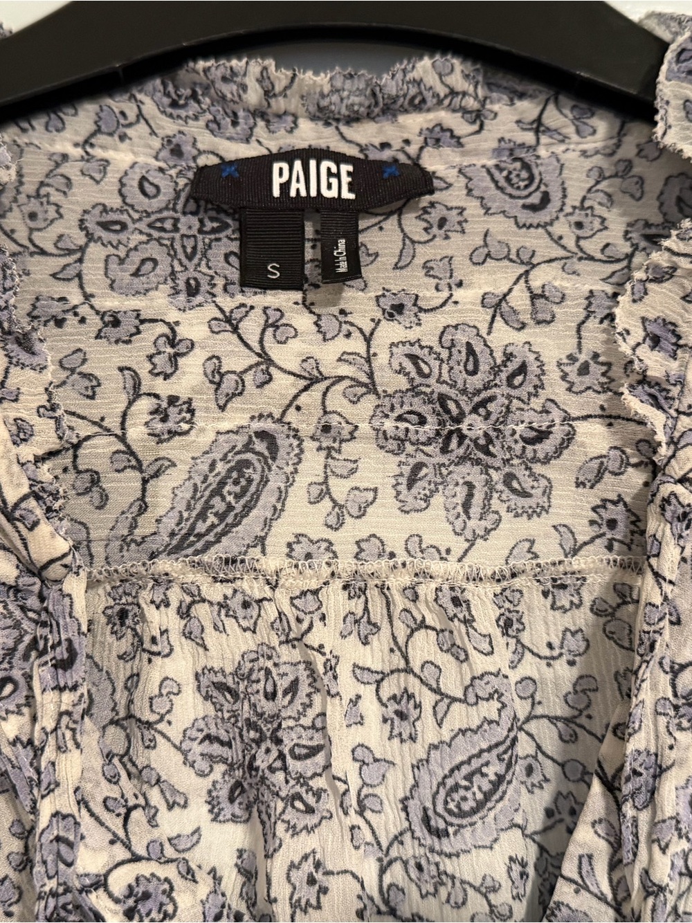 PAIGE Cream and Blue Paisley Ruffle-Trim Button-Down Shirt - Picture 4 of 8